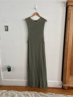 Rag & Bone Olive Green Open Knit Maxi Dress Size L Sleeveless Crochet Mesh